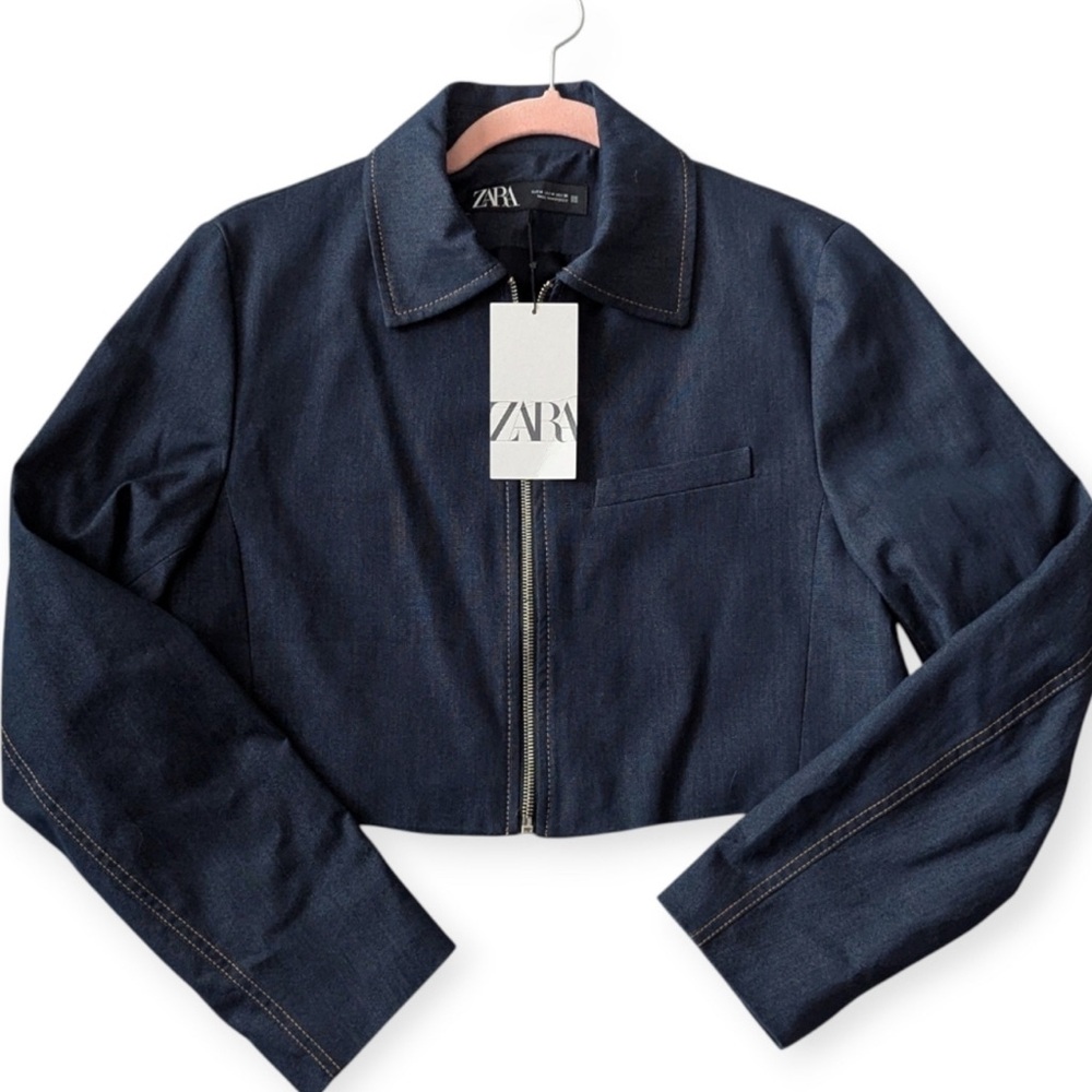 BRAND NEW WITH TAGS - Zara Women’s Cropped Denim Zipped Collared Jacket - Small
